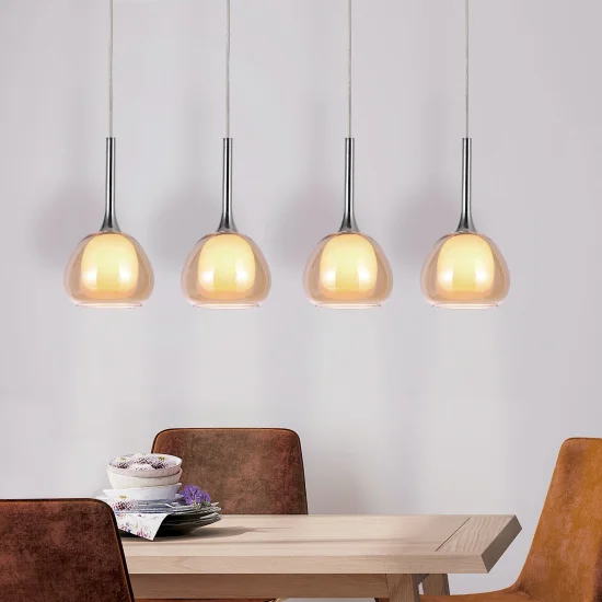 SUSPENSION 4 LUMIÈRES VERRE EXTÉRIEUR AMBRE INTÉRIEUR BLANC NOLINA