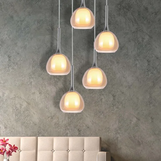 SUSPENSION 5 LUMIÈRES CRISTAL EXTÉRIEUR AMBRE INTÉRIEUR BLANC Ø45 NOLINA