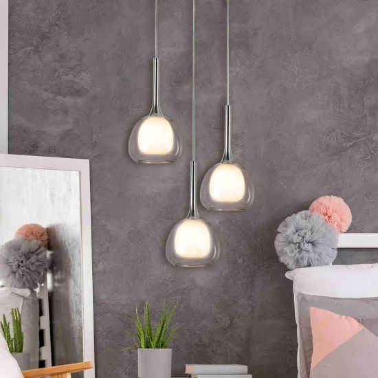 SUSPENSION 3 LUMIÈRES VERRE EXTÉRIEUR TRANSPARENT INTÉRIEUR BLANC Ø38 NOLINA