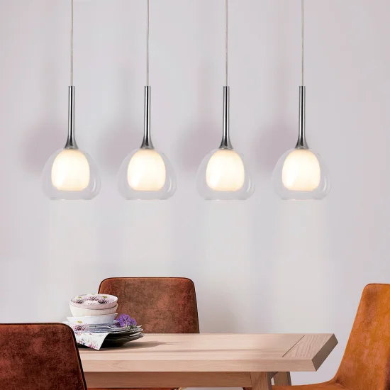 SUSPENSION 4 LUMIÈRES VERRE EXTÉRIEUR TRANSPARENT INTÉRIEUR BLANC NOLINA