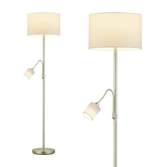 LAMPADAIRE AVEC FLEXO EN MÉTAL LAITON ANTIQUE ABAT-JOUR BLANC BROOME