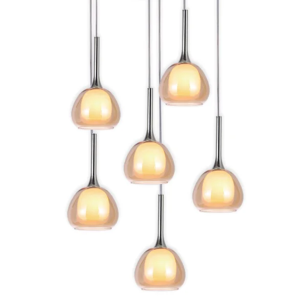 SUSPENSION 6 LUMIÈRES VERRE EXTÉRIEUR AMBRE INTÉRIEUR BLANC Ø65 NOLINA
