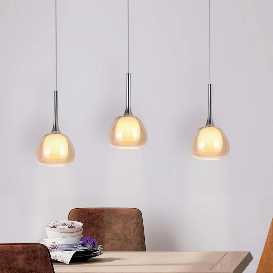 SUSPENSION 3 LUMIÈRES VERRE EN CRISTAL EXTÉRIEUR AMBRE INTÉRIEUR BLANC NOLINA