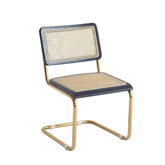 CHAISE DROITE WEBSTER NOIR ROTIN NATUREL PIEDS OR