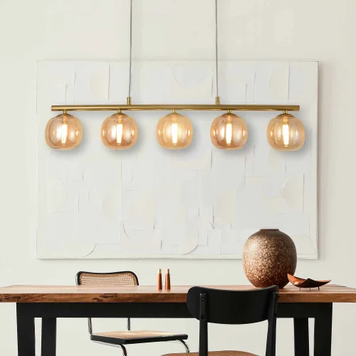 SUSPENSION 5 LUMIÈRES FER DORÉ NICOLETTA