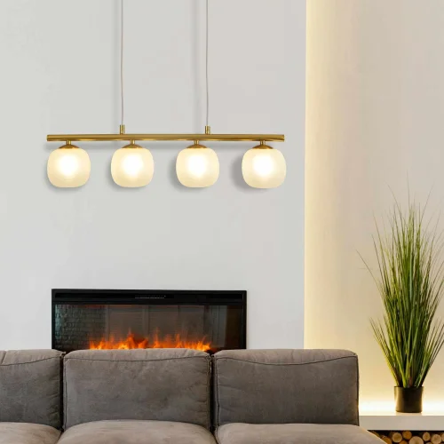 SUSPENSION 4 LUMIÈRES FER DORÉ ABAT-JOUR BLANC NICOLETTA SUSPENSION 4 LUMIÈRES FER DORÉ ABAT-JOUR BLANC NICOLETTA