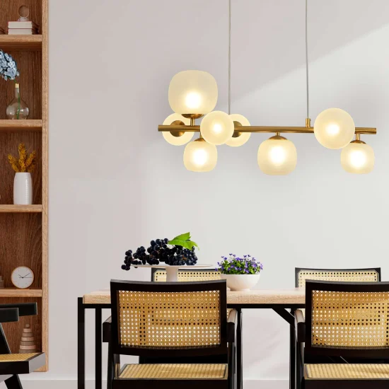 SUSPENSION 8 LUMIÈRES FER DORÉ ABAT-JOUR BLANC NICOLETTA