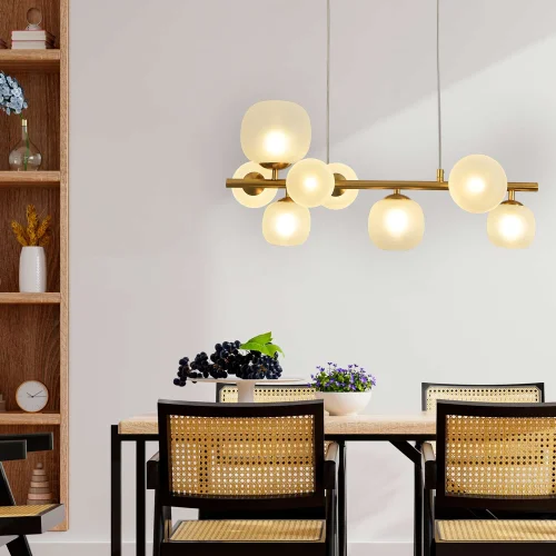 SUSPENSION 8 LUMIÈRES FER DORÉ ABAT-JOUR BLANC NICOLETTA