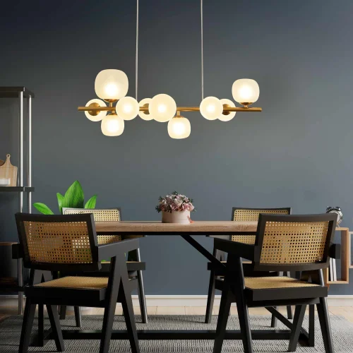 SUSPENSION 10 LUMIERES FER DORÉ ABAT-JOUR BLANC NICOLETTA