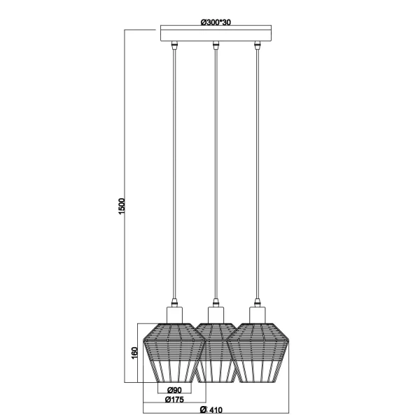 SUSPENSION 3 LUMIÈRES ROTIN NOIR GALADRIEL