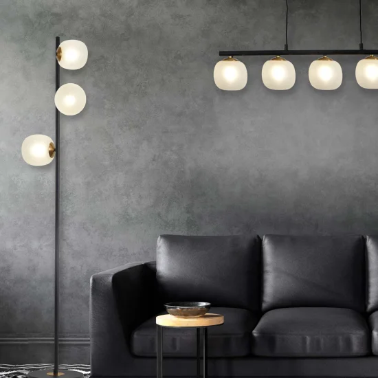 LAMPADAIRE 3 LUMIÈRES FER NOIR AVEC ABAT-JOUR BLANC NICOLETTA 2