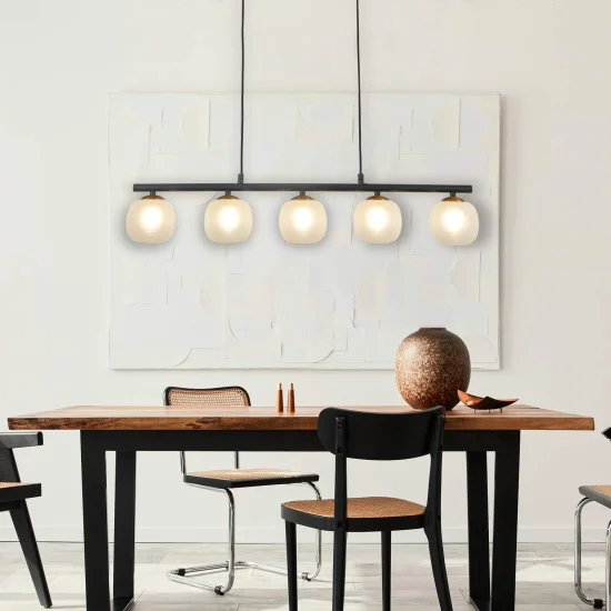 SUSPENSION 5 LUMIÈRES FER NOIR AVEC ABAT-JOUR BLANC NICOLETTA