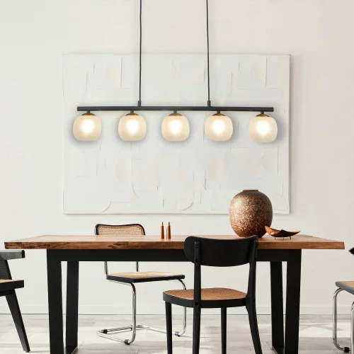 SUSPENSION 5 LUMIÈRES FER NOIR AVEC ABAT-JOUR BLANC NICOLETTA