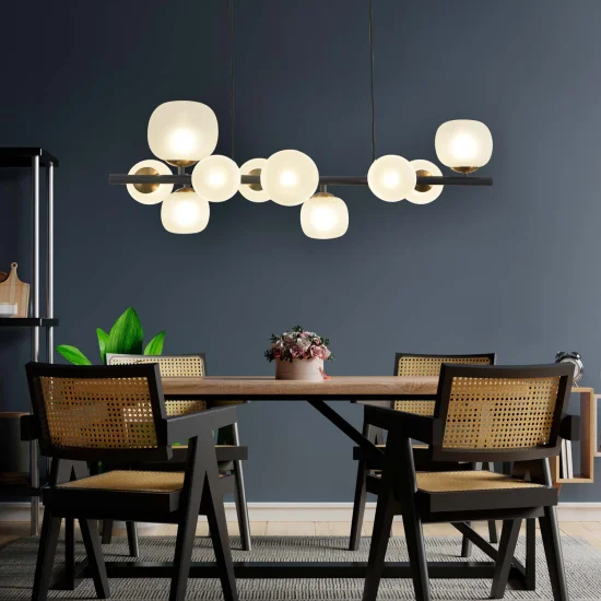 SUSPENSION 10 LUMIÈRES FER NOIR AVEC ABAT-JOUR BLANC NICOLETTA