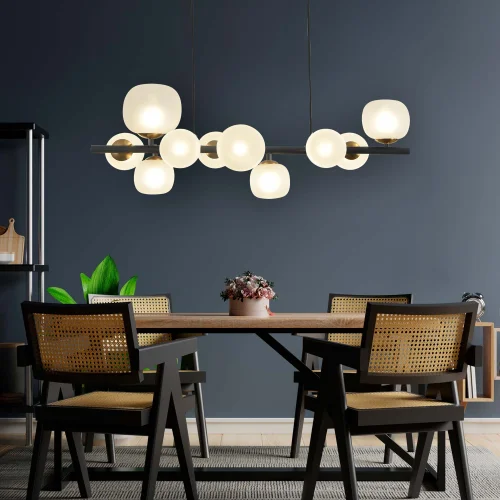 SUSPENSION 10 LUMIÈRES FER NOIR AVEC ABAT-JOUR BLANC NICOLETTA