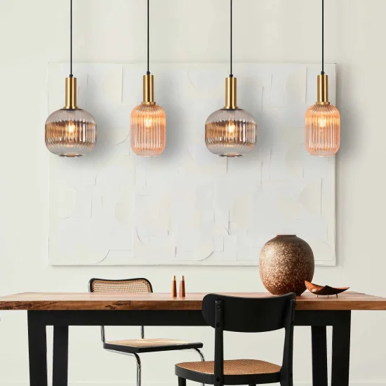 SUSPENSION 4 LUMIÈRES ABAT-JOUR COMBINÉ AMBRE/FUMÉE E27 SHELBY