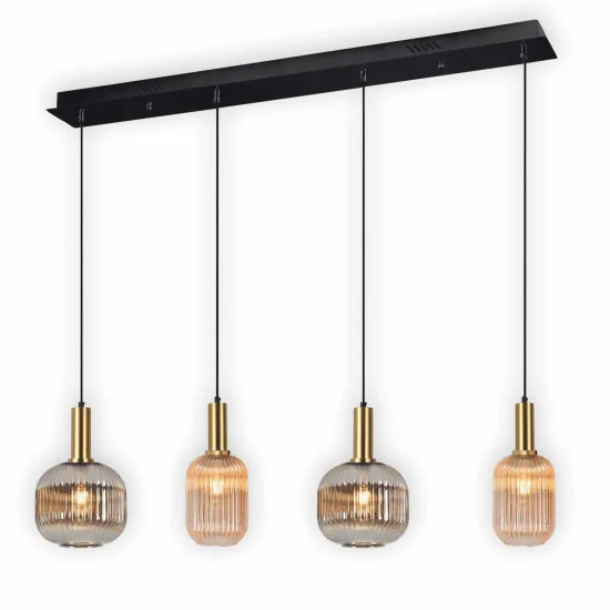 SUSPENSION 4 LUMIÈRES ABAT-JOUR COMBINÉ AMBRE/FUMÉE E27 SHELBY 2