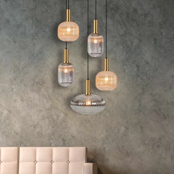 SUSPENSION 5 LUMIÈRES ABAT-JOUR COMBINÉ AMBRE/FUMÉE Ø70 E27 SHELBY