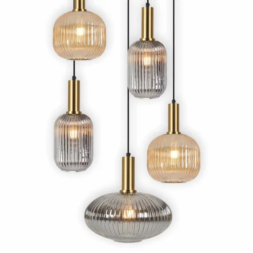 SUSPENSION 5 LUMIÈRES ABAT-JOUR COMBINÉ AMBRE/FUMÉE Ø70 E27 SHELBY