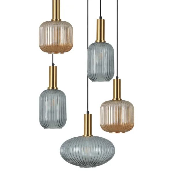 SUSPENSION 5 LUMIÈRES ABAT-JOUR COMBINÉ AMBRE/FUMÉE Ø70 E27 SHELBY