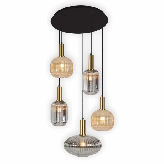 SUSPENSION 5 LUMIÈRES ABAT-JOUR COMBINÉ AMBRE/FUMÉE Ø70 E27 SHELBY 2