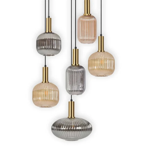 SUSPENSION  6 LUMIÈRES ABAT-JOUR COMBINÉE AMBRE/FUMÉE Ø70 E27 SHELBY