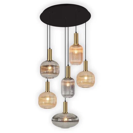SUSPENSION  6 LUMIÈRES ABAT-JOUR COMBINÉE AMBRE/FUMÉE Ø70 E27 SHELBY 2