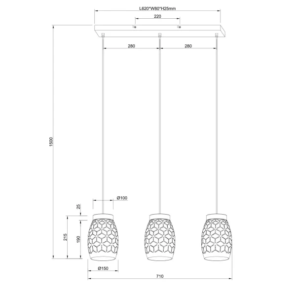 SUSPENSION 3 LUMIÈRES EN MÉTAL NOIR E27 BIRKITA