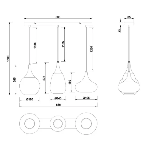 SUSPENSION 3 LUMIÈRES COULEUR ACIER CHROMÉ E14 LESLIE