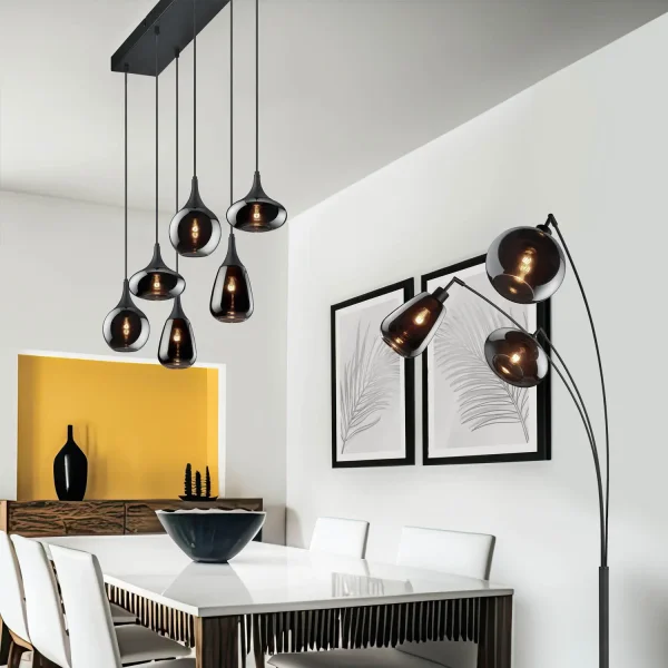 SUSPENSION 6 LUMIÈRES COULEUR ACIER CHROMÉ E14 LESLIE