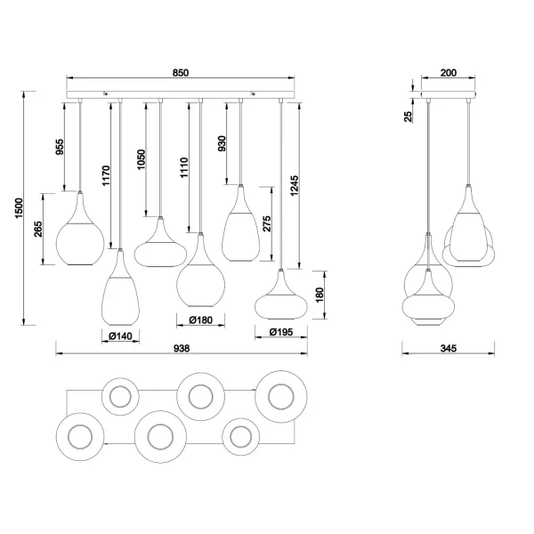 SUSPENSION 6 LUMIÈRES COULEUR ACIER CHROMÉ E14 LESLIE