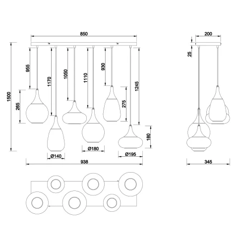 SUSPENSION 6 LUMIÈRES COULEUR ACIER CHROMÉ E14 LESLIE
