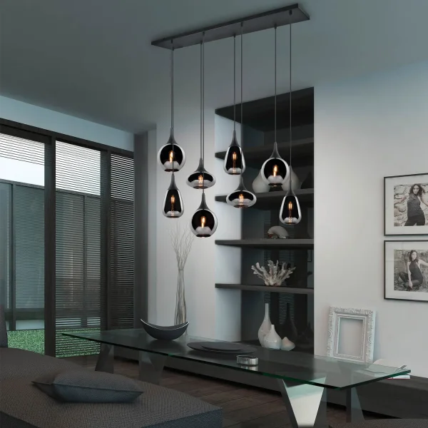 SUSPENSION 8 LUMIÈRES COULEUR ACIER CHROMÉ E14 LESLIE SUSPENSION 8 LUMIÈRES COULEUR ACIER CHROMÉ E14 LESLIE