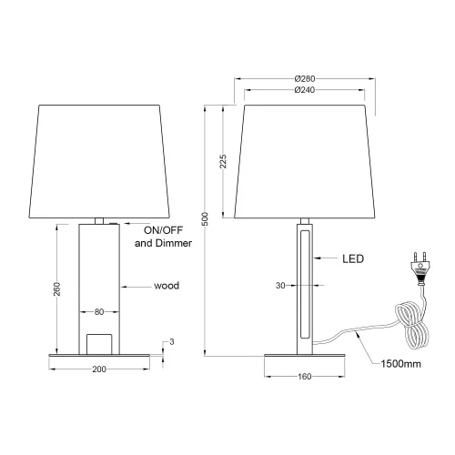 LAMPE DE TABLE E27 BASE EN BOIS AVEC LED 6W ROXANA