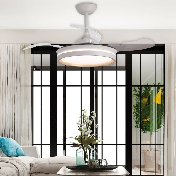 VENTILATEUR DE PLAFOND AVEC LUMIÈRE LED 24W RÉGLABLE MOTEUR DC BLANC CASCADE