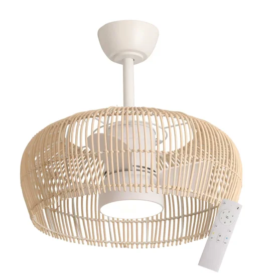 VENTILATEUR DE PLAFOND LED 18W 3000-6000K AVEC ABAT-JOUR EN ROTIN CLAIR MAUI