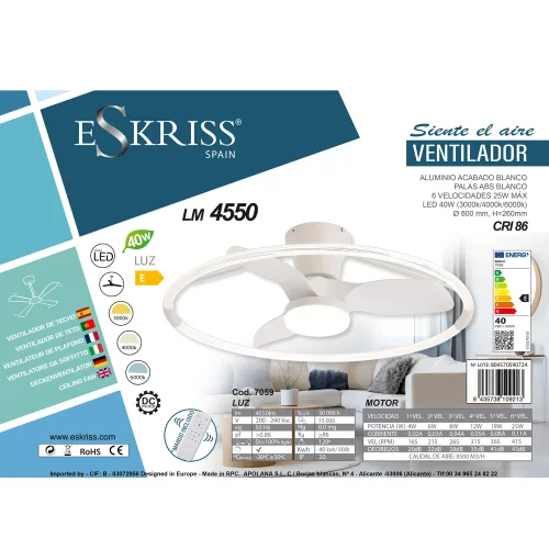 VENTILATEUR DE PLAFOND STYLE PLAFONNIER LED 40W 3000-6000K 3 PALES BLANC PIETRO VENTILATEUR DE PLAFOND STYLE PLAFONNIER LED 40W 3000-6000K 3 PALES BLANC PIETRO