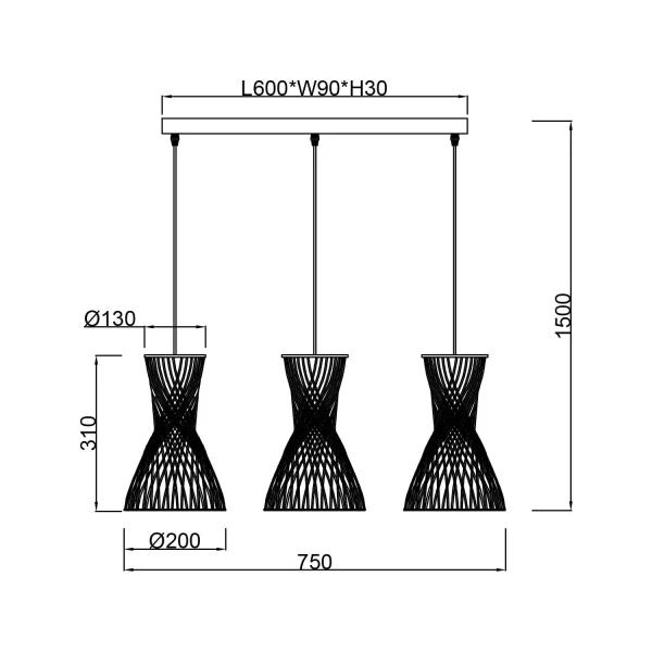 SUSPENSION 3 LUMIÈRES E27 PAPIERGARN MARRON NAHELE SUSPENSION 3 LUMIÈRES E27 PAPIERGARN MARRON NAHELE