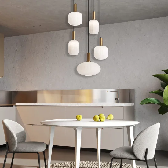 SUSPENSION 5 LUMIÈRES TULIPES BLANC OPAL Ø80 E27 SHELBY