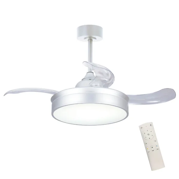 VENTILATEUR DE PLAFOND LED 24W RÉGLABLE ARGENT 4 PALES PLIABLES MOTEUR DC PALMA