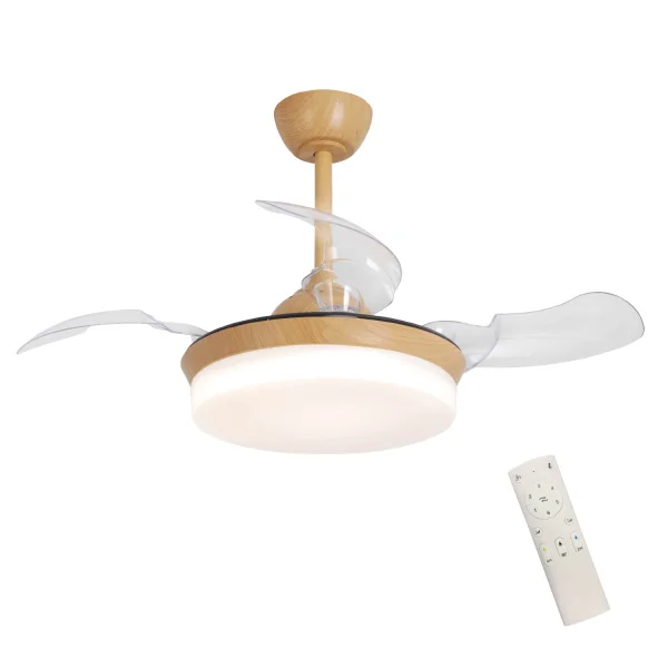 VENTILATEUR DE PLAFOND LED 24W RÉGLABLE COULEUR BOIS 4 PALES PLIABLES GERALDTON