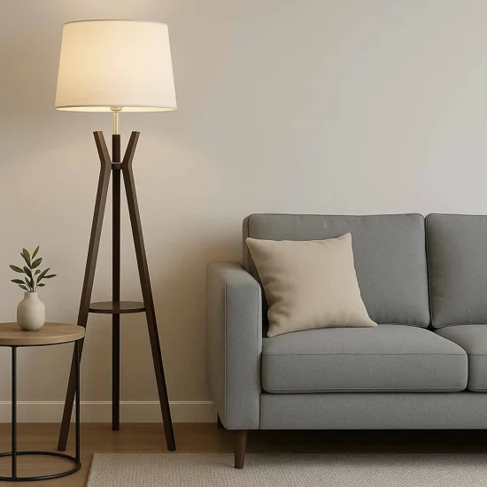 LAMPADAIRE EN BOIS D’ACAJOU ET TISSU Ø46CM E27 HAGEN