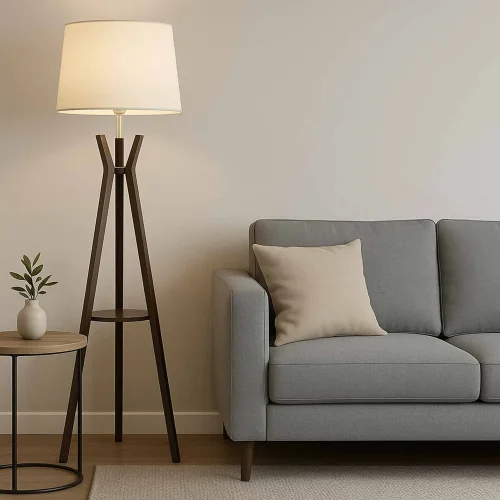 LAMPADAIRE EN BOIS D’ACAJOU ET TISSU Ø46CM E27 HAGEN