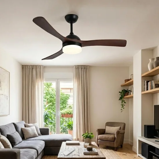 VENTILATEUR DE PLAFOND DC LED 20W PALES EN BOIS FONCÉ NOIR LUMINOR