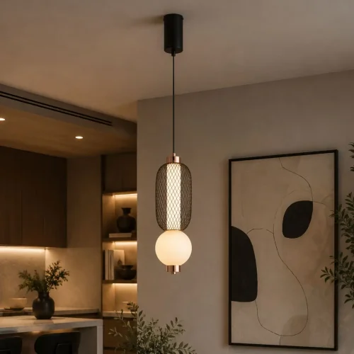 SUSPENSION LED 10W RÉGLABLE AVEC GRILLE ET BOULE EN VERRE ELODIE