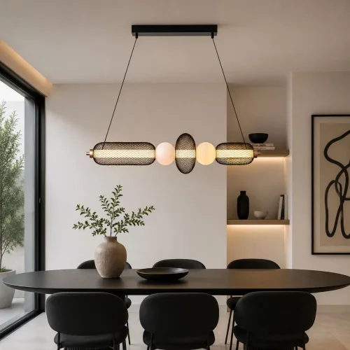 SUSPENSION LED 28W RÉGLABLE AVEC GRILLE ET BOULES EN VERRE ELODIE